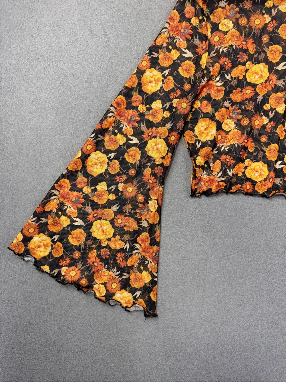 Boho Sheer Floral SheerLong Sleeve Crop Top Black with Orange Yellow Flowers, XL - Picture 4 of 14